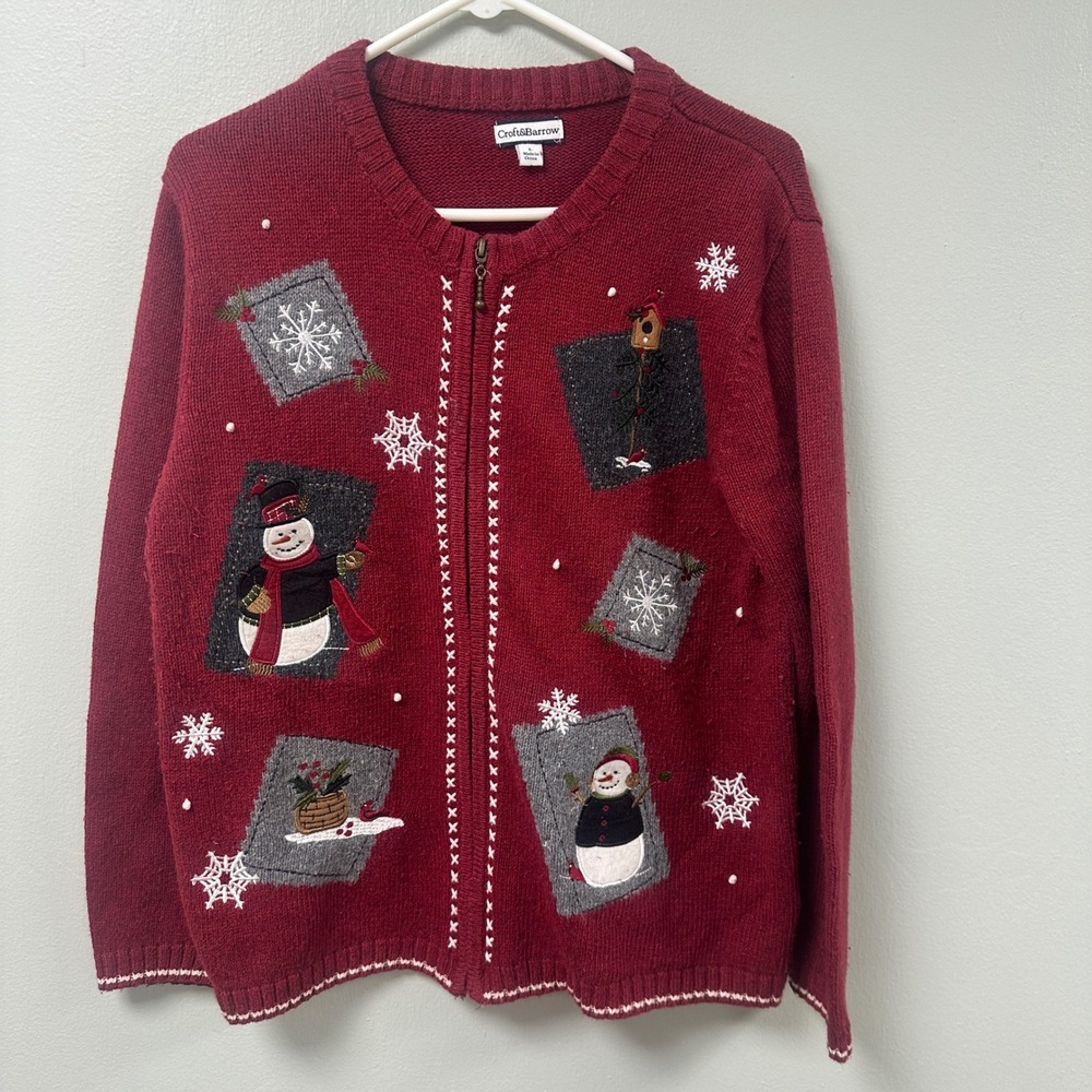 Croft & Barrow Womens Red Snowman Snowflake Christmas Ugly Holiday Sweater Zip L